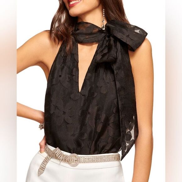Ramy Brook Claudia floral tie neck sleeveless top black mesh NWT with Sz 8 - Picture 2 of 11